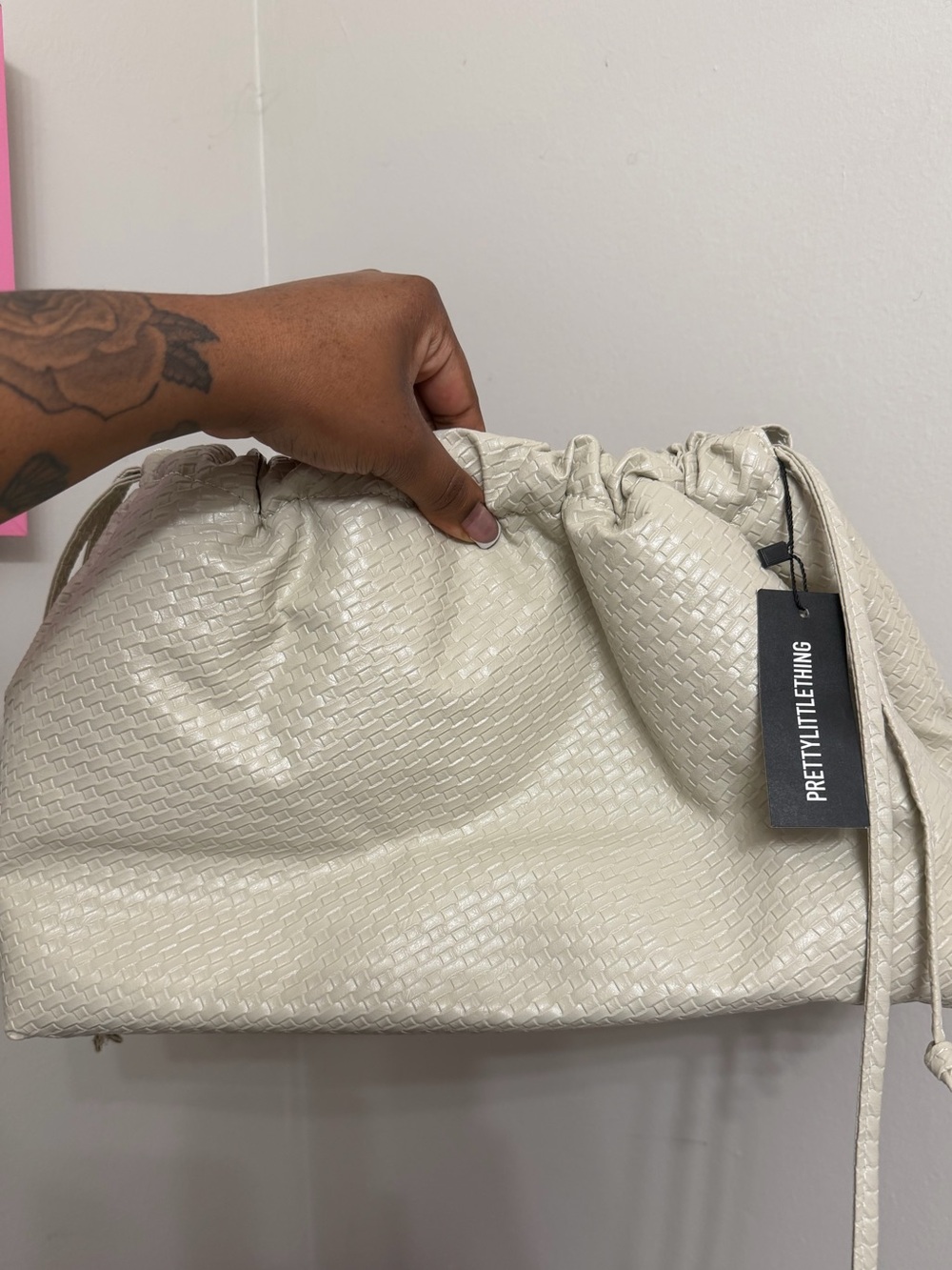 PrettyLittleThing Cream Woven Drawstring Clutch Bag